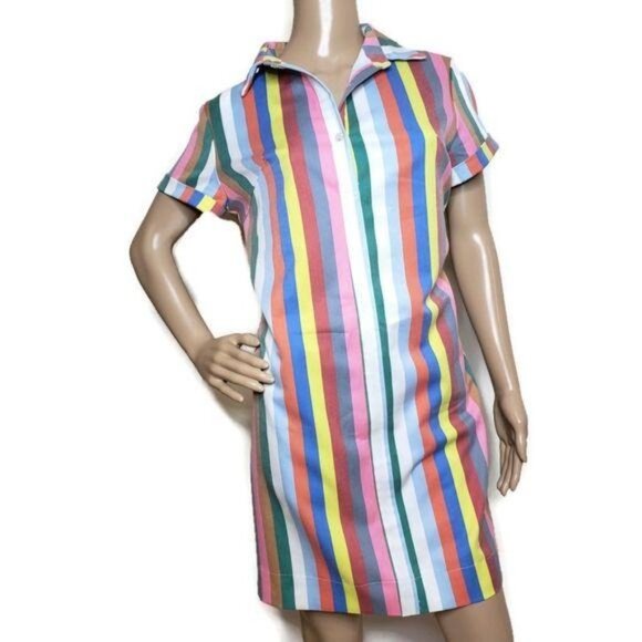 Striped Multicolor Short Sleeve Polo Collar shirt Dress M fun whimiscal summer - Picture 2 of 6